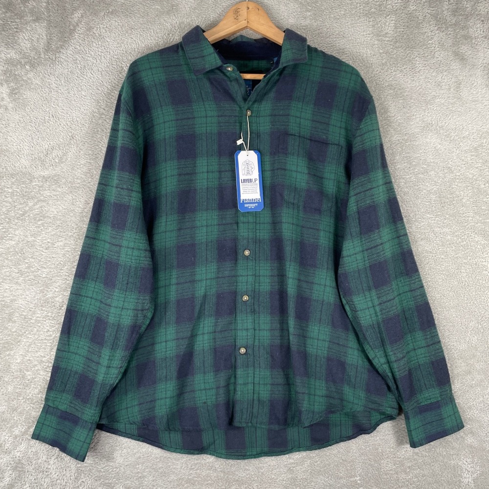 Essex Crossing Flannel Shirt Mens Large Green Navy Plaid Button Up Outdoor